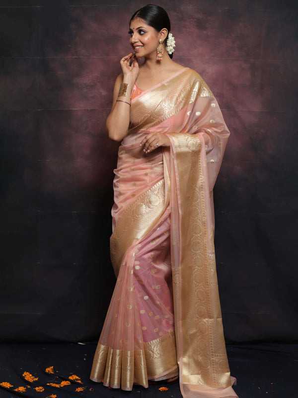 Banarasee Organza Mix Saree With Zari Buti & Border-Pink