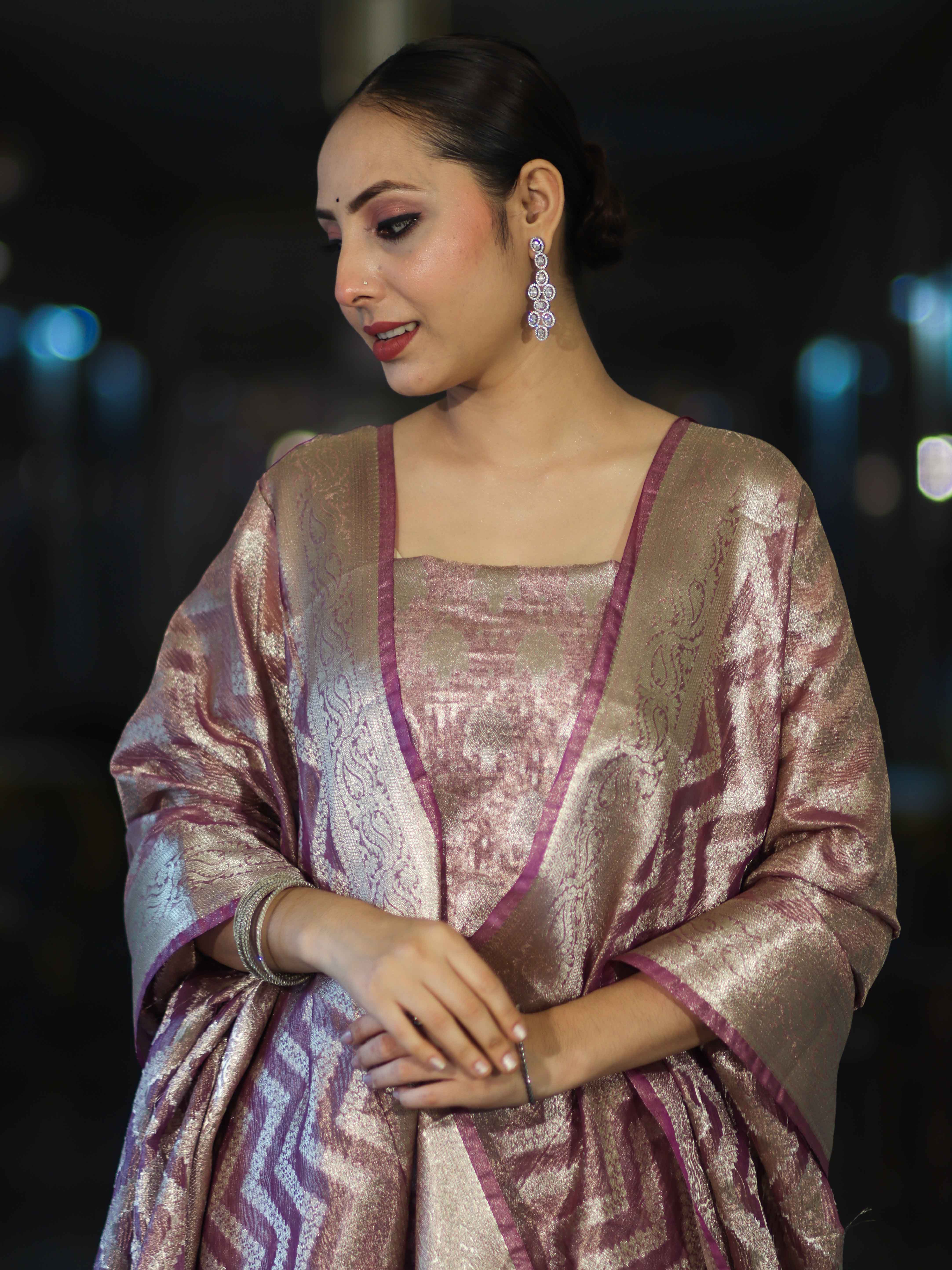 Banarasee Tissue Zari Work Salwar Kameez Fabric With Dupatta Set-Pink