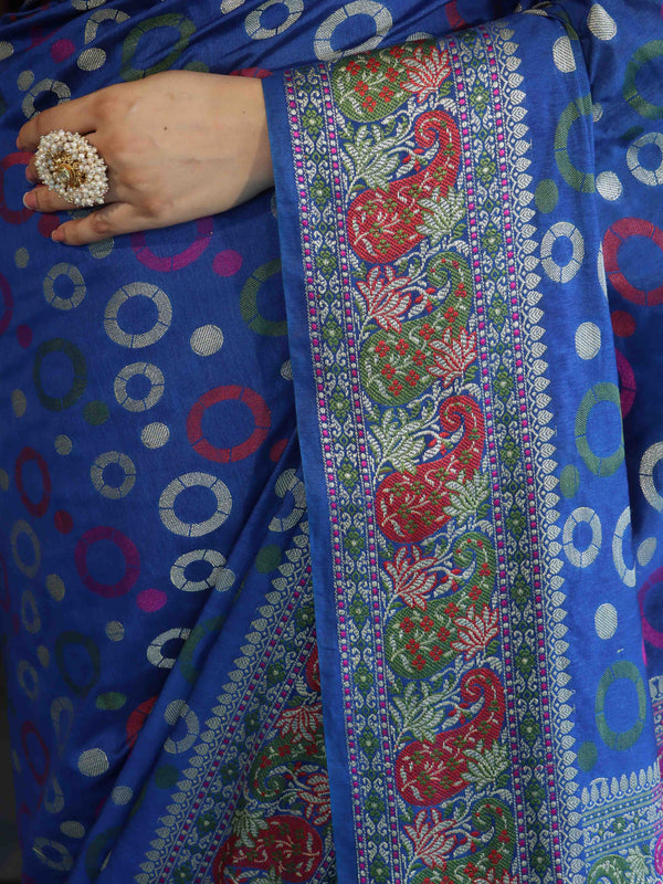 Banarasee Semi Georgette Saree With Resham Buti Design & Border-Cobalt Blue