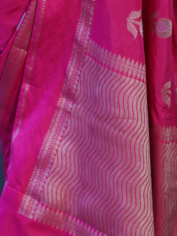 Banarasee Handloom Semi Silk Saree With Buta Design & Plain Border-Magenta
