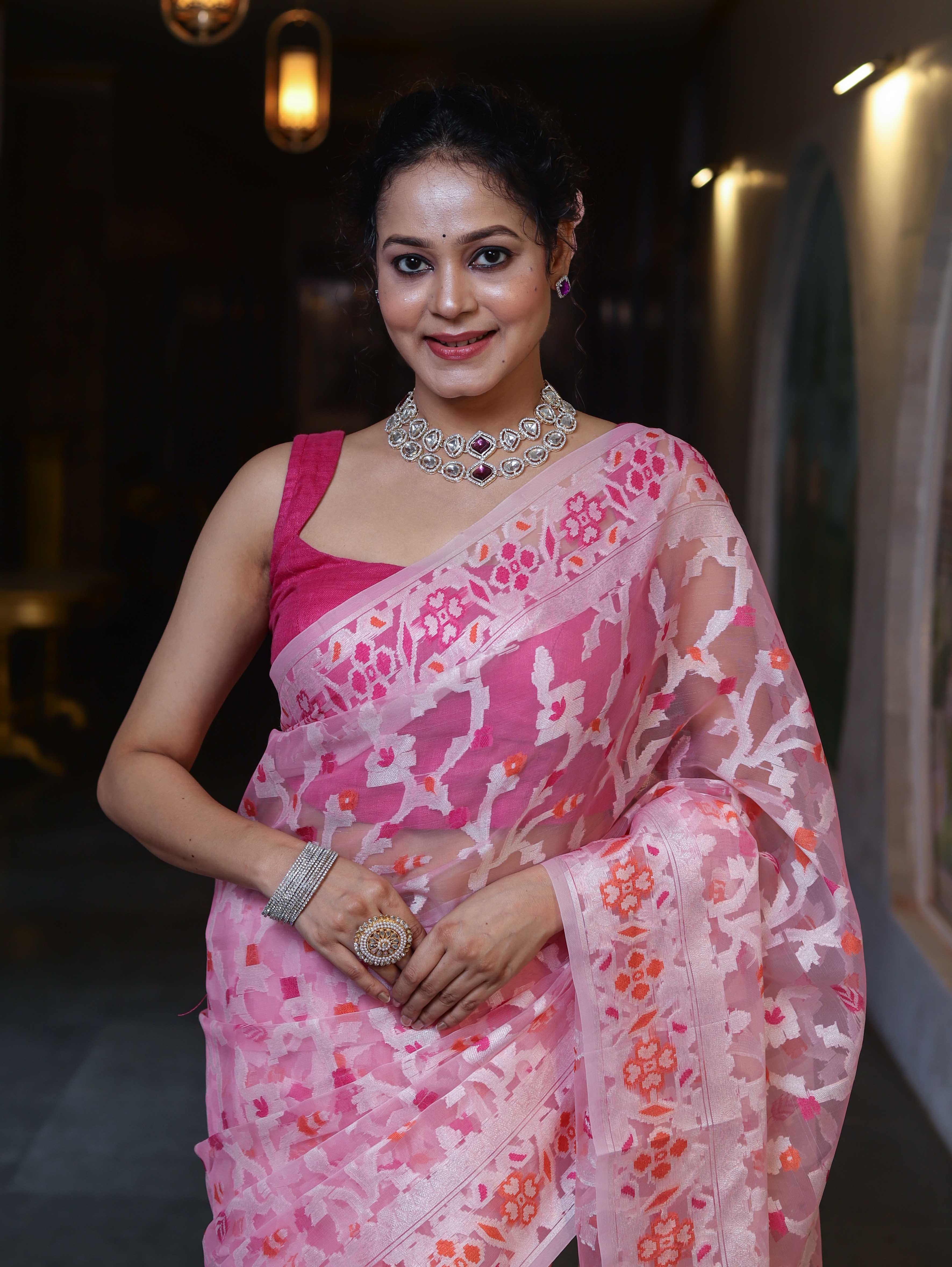 Banarasee Organza Mix Saree With Resham Jaal Design-Light Pink