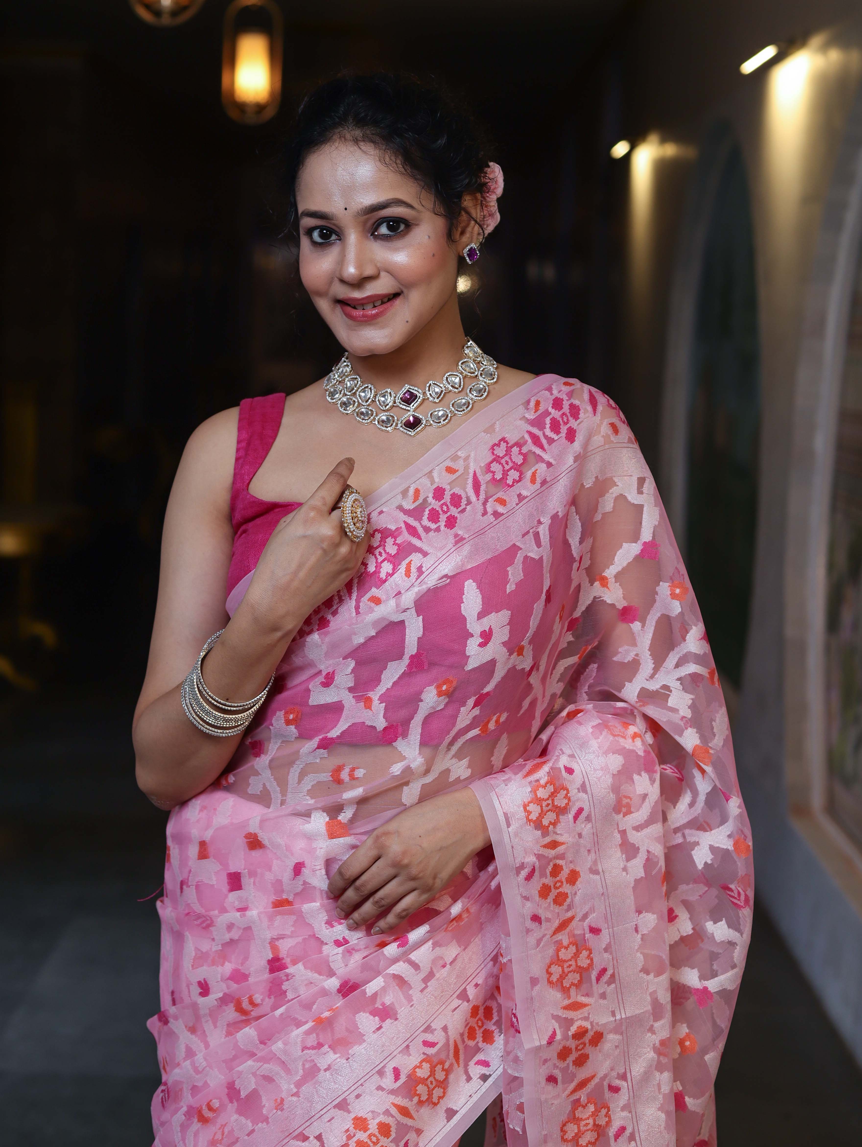 Banarasee Organza Mix Saree With Resham Jaal Design-Light Pink