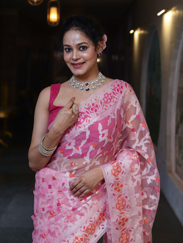 Banarasee Organza Mix Saree With Resham Jaal Design-Light Pink