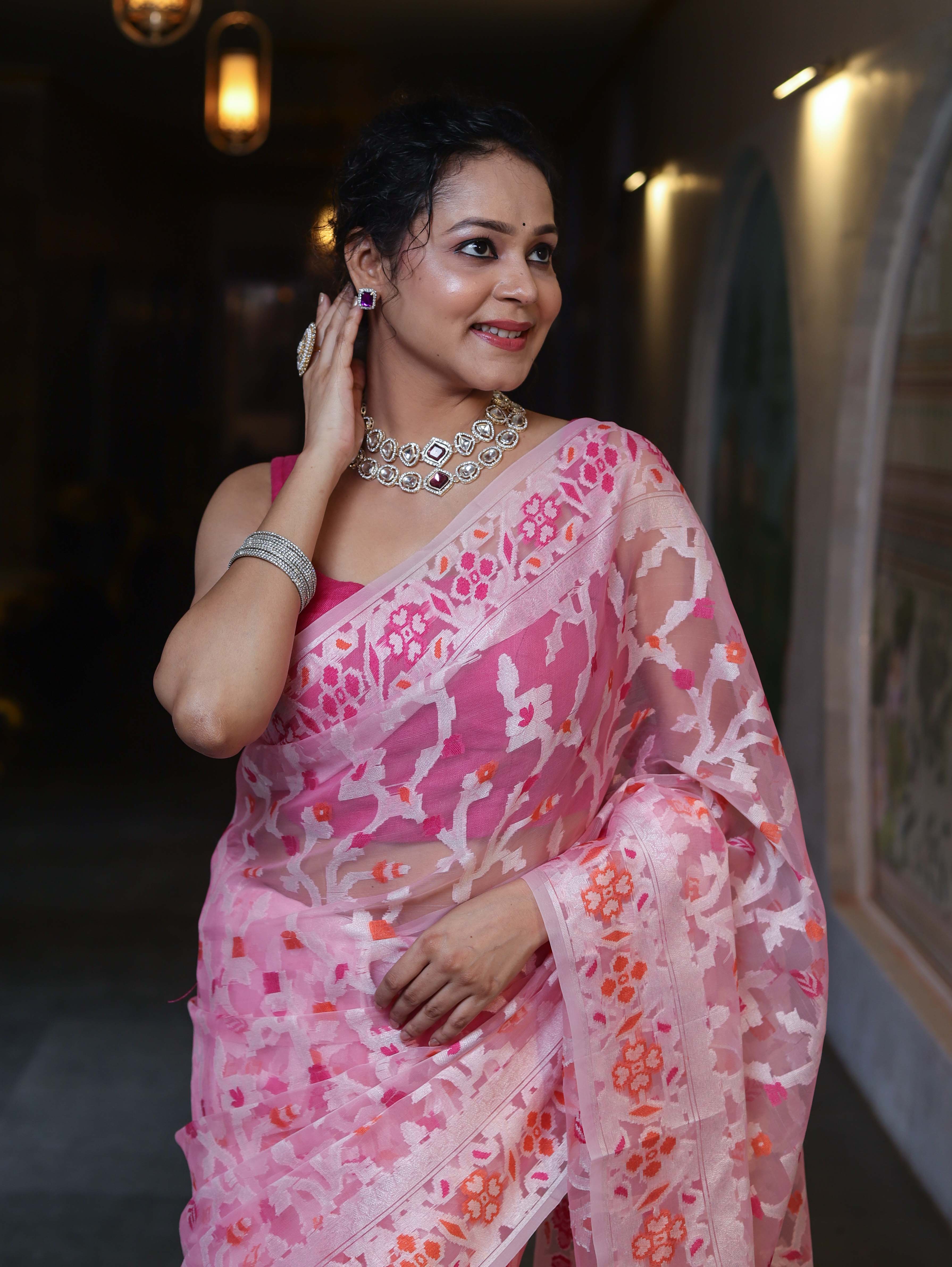 Banarasee Organza Mix Saree With Resham Jaal Design-Light Pink
