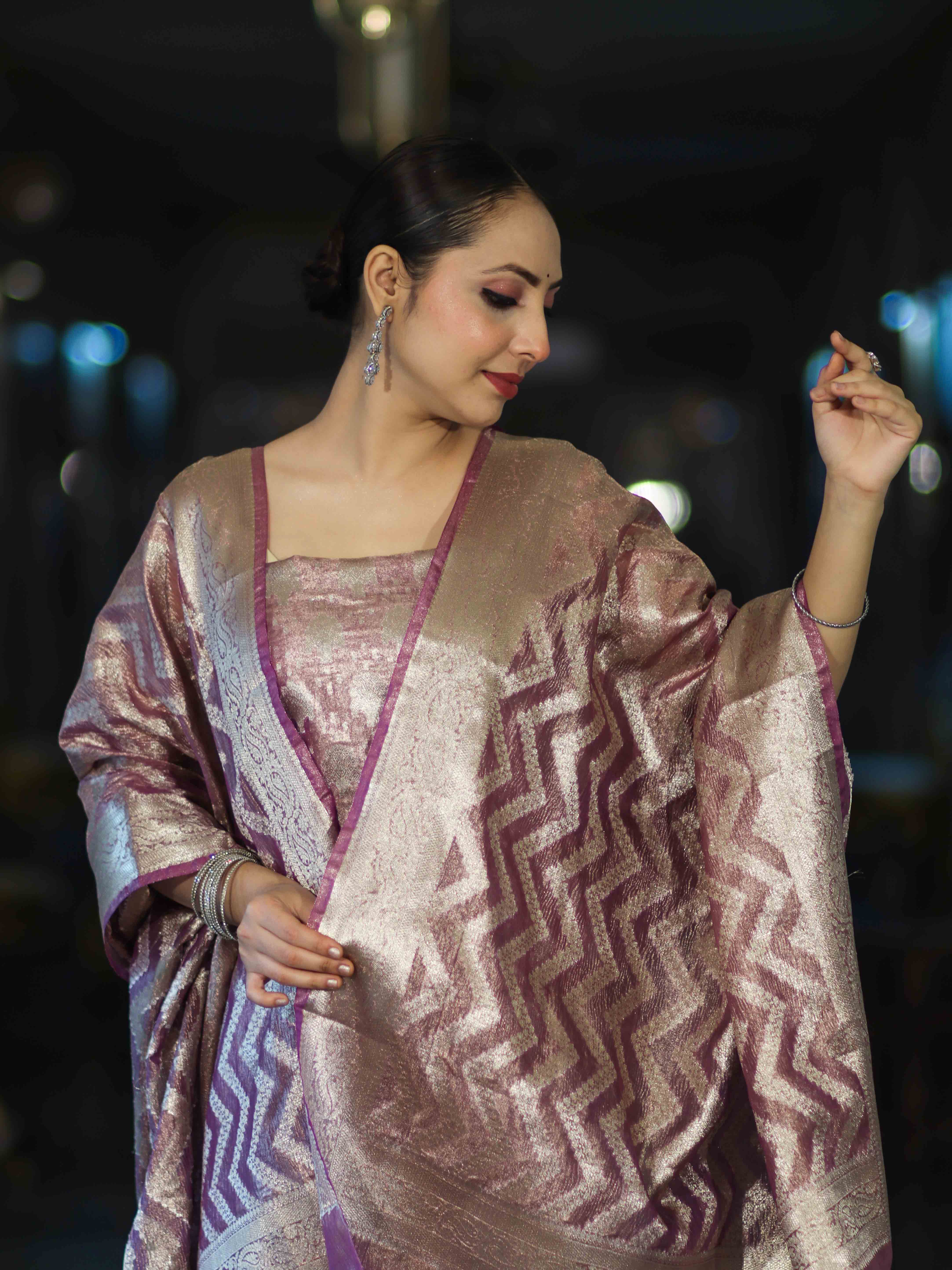 Banarasee Tissue Zari Work Salwar Kameez Fabric With Dupatta Set-Pink