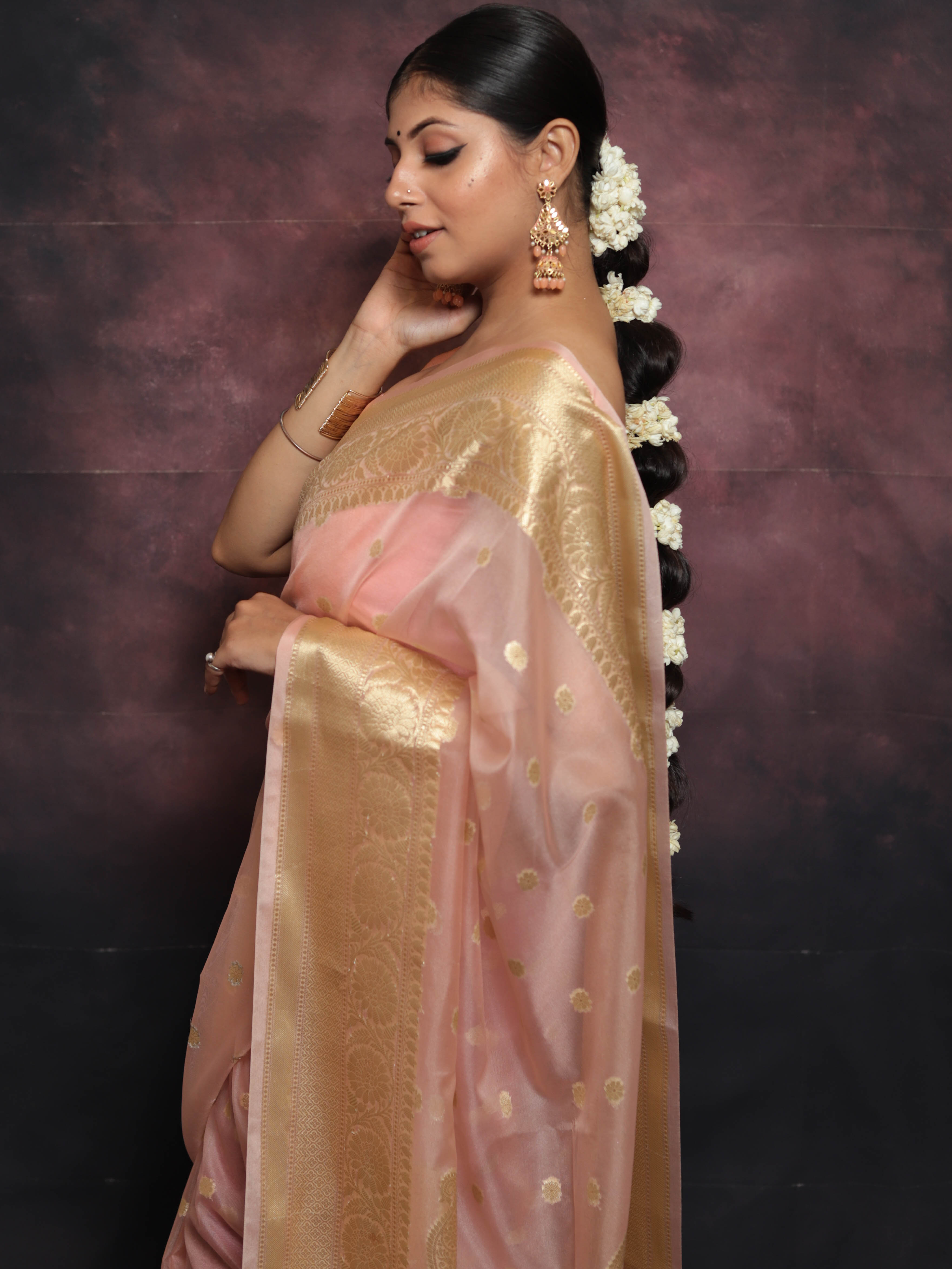 Banarasee Organza Mix Saree With Zari Buti & Border-Pink