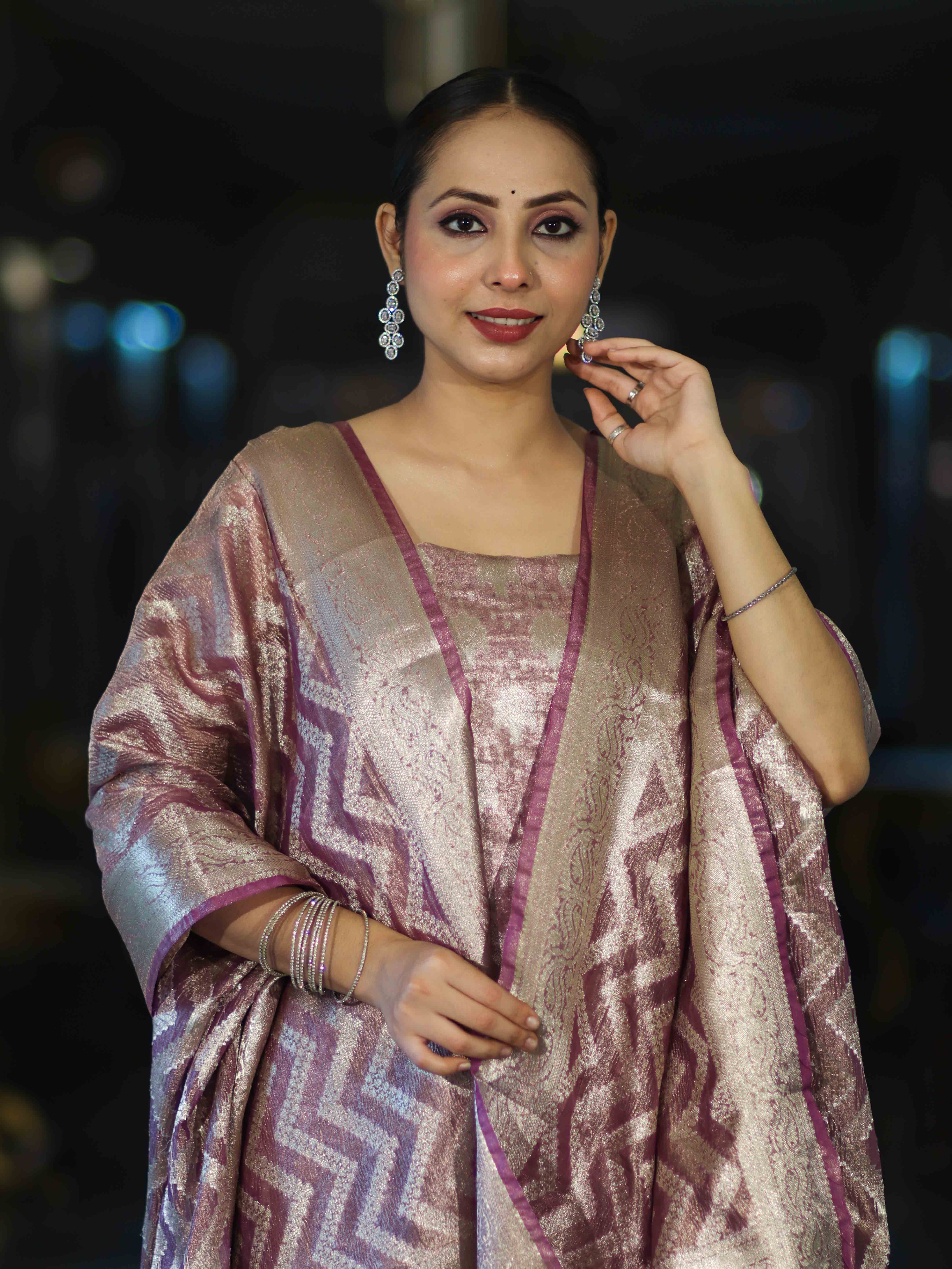 Banarasee Tissue Zari Work Salwar Kameez Fabric With Dupatta Set-Pink