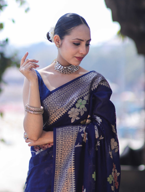 Banarasee Semi Chiffon Saree With Floral Zari Work & Border-Blue