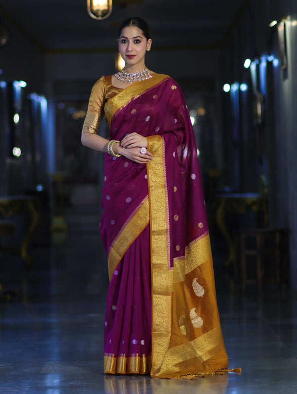 Banarasee Semi Chiffon Saree With Zari Buti Design & Contrast Border-Wine & Mustard Yellow