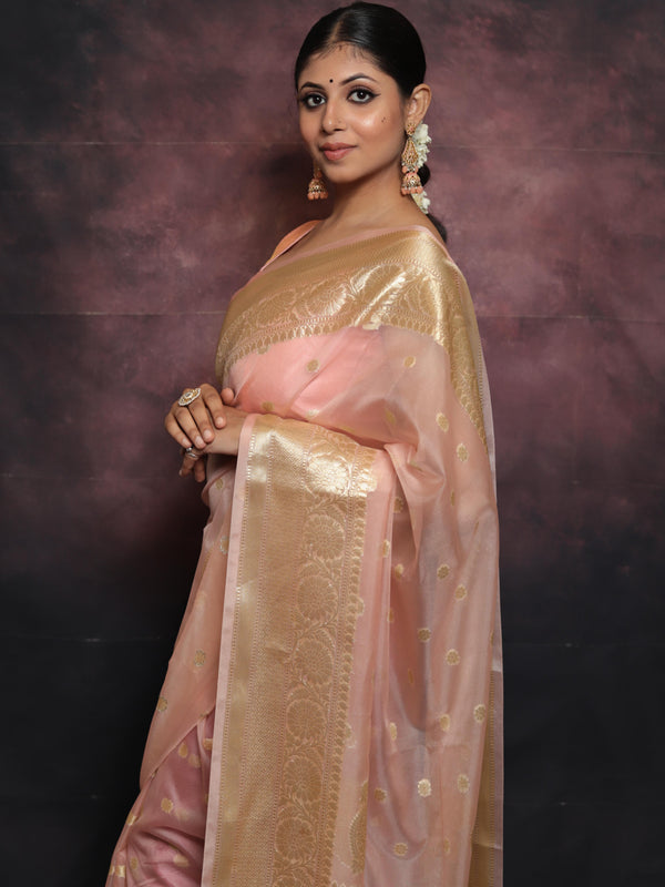 Banarasee Organza Mix Saree With Zari Buti & Border-Pink