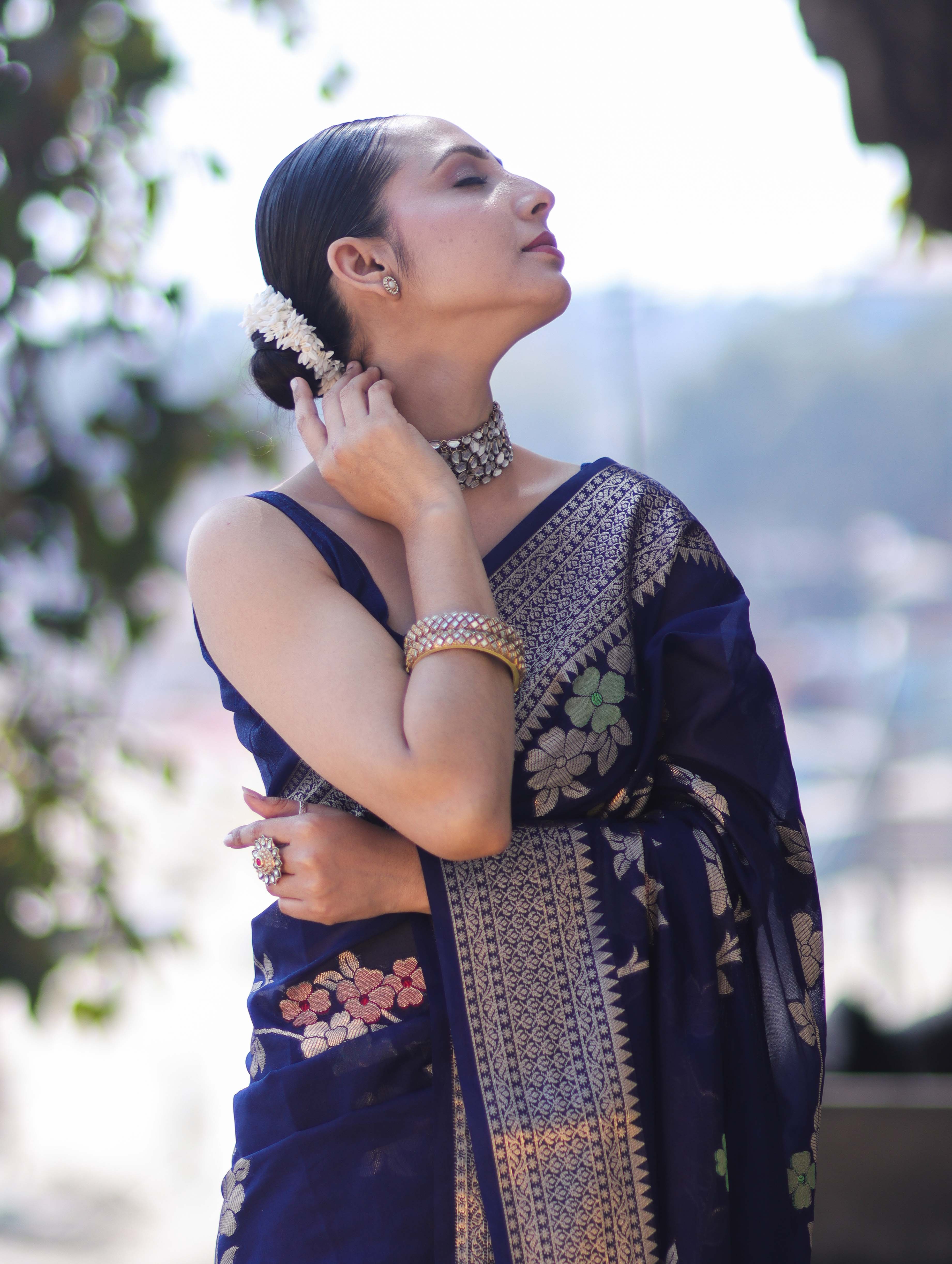 Banarasee Semi Chiffon Saree With Floral Zari Work & Border-Blue