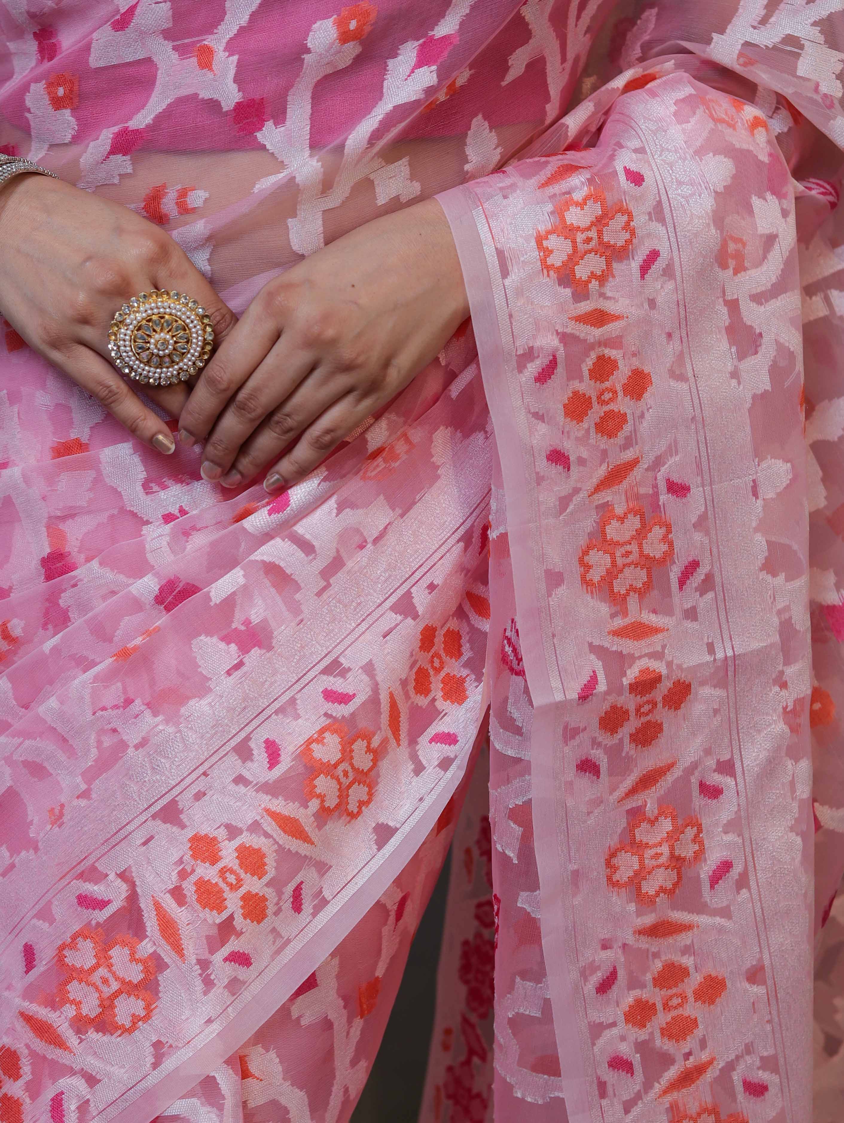 Banarasee Organza Mix Saree With Resham Jaal Design-Light Pink