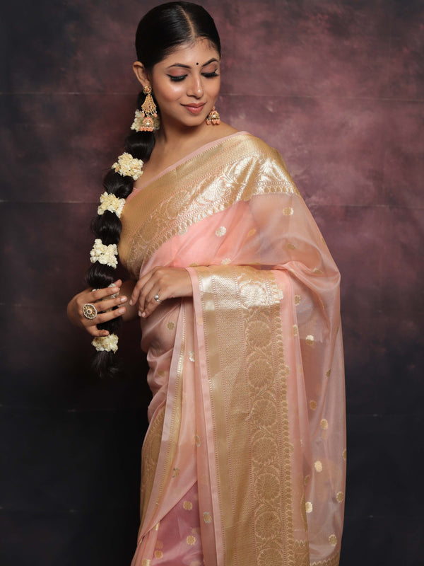 Banarasee Organza Mix Saree With Zari Buti & Border-Pink