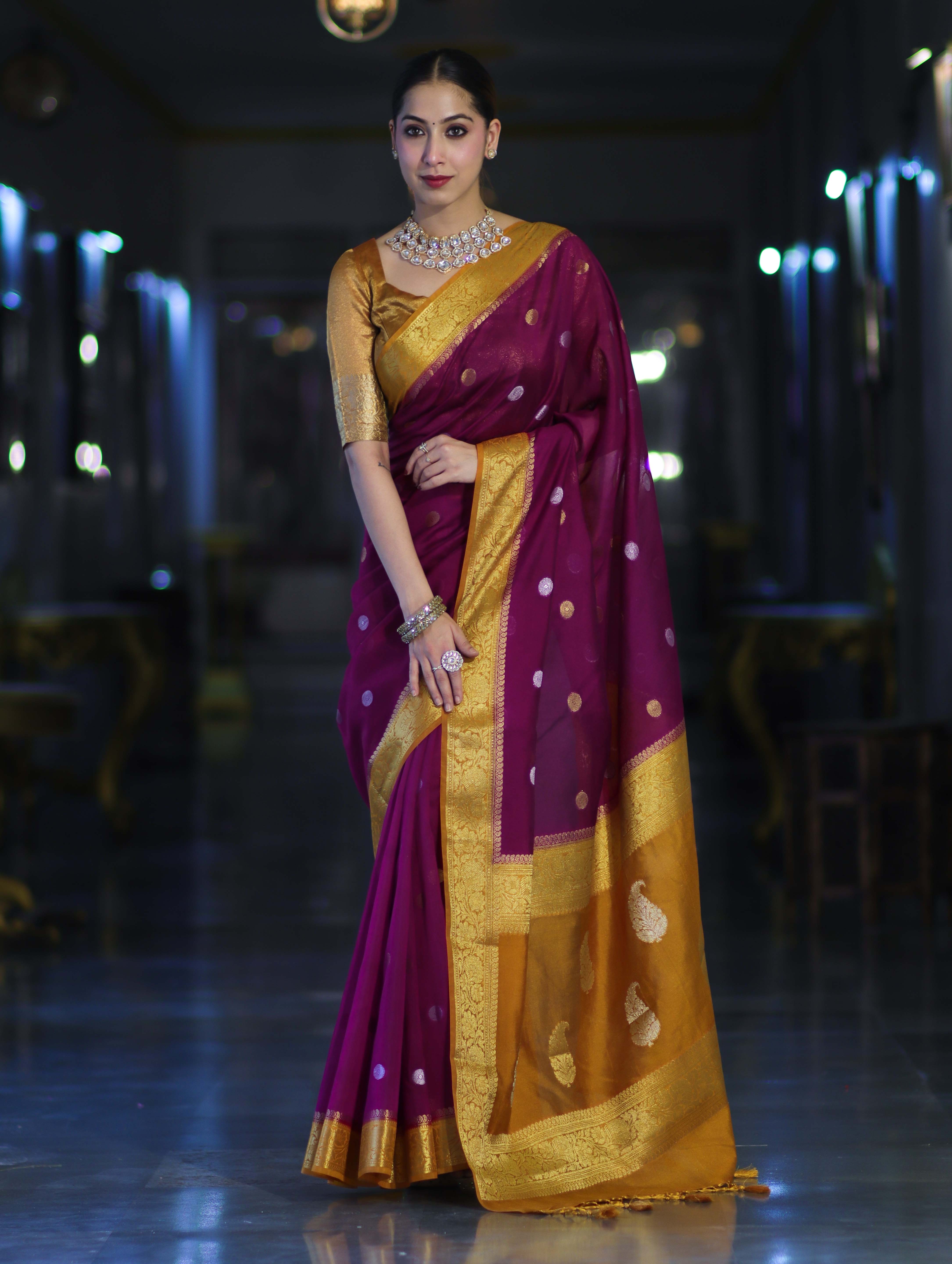 Banarasee Semi Chiffon Saree With Zari Buti Design & Contrast Border-Wine & Mustard Yellow