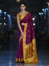 Banarasee Semi Chiffon Saree With Zari Buti Design & Contrast Border-Wine & Mustard Yellow