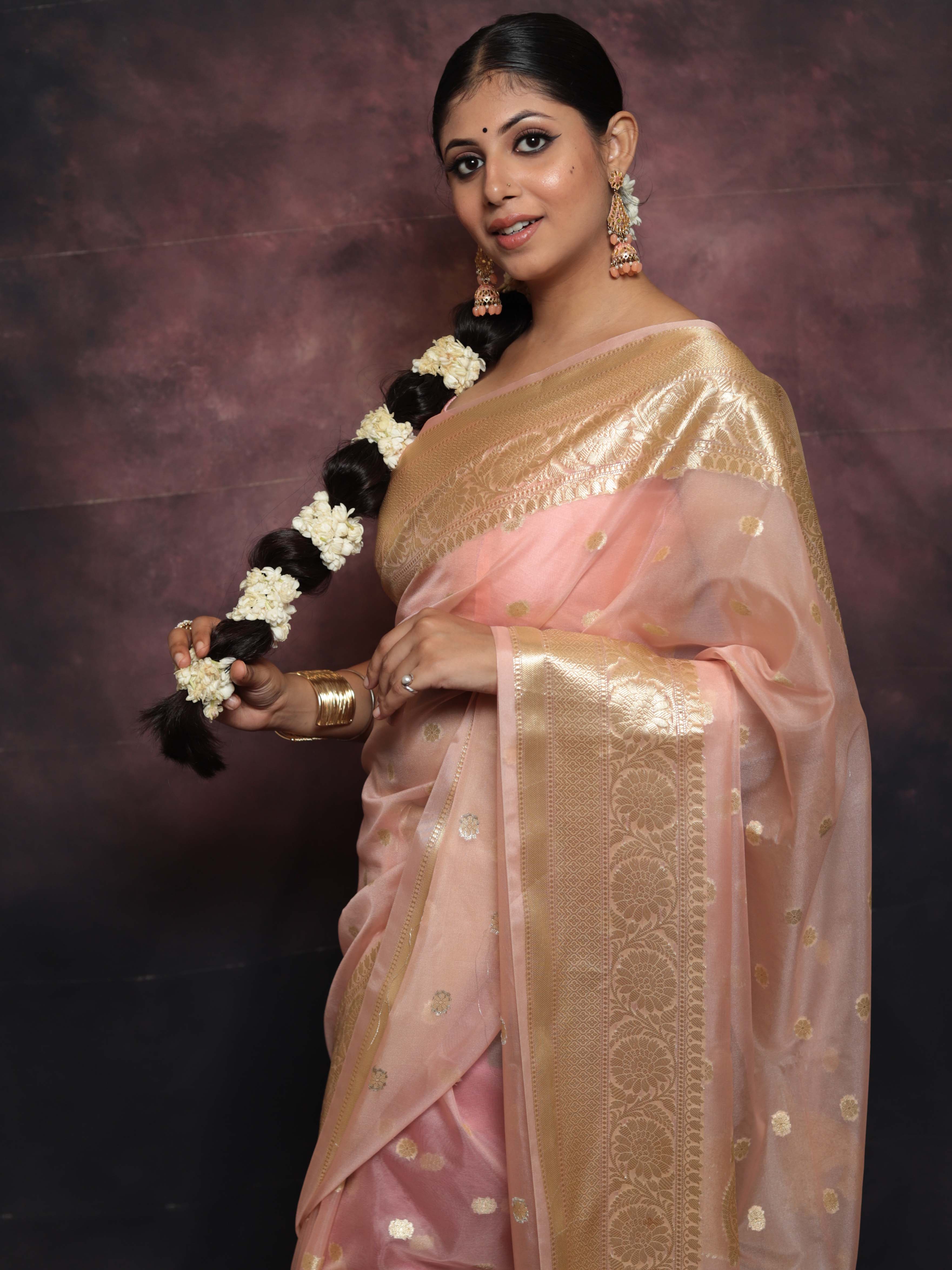 Banarasee Organza Mix Saree With Zari Buti & Border-Pink