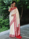 Banarasee Handloom Pure Chiniya Silk Saree With Zari Buti Work & Contrast Border-White & Red