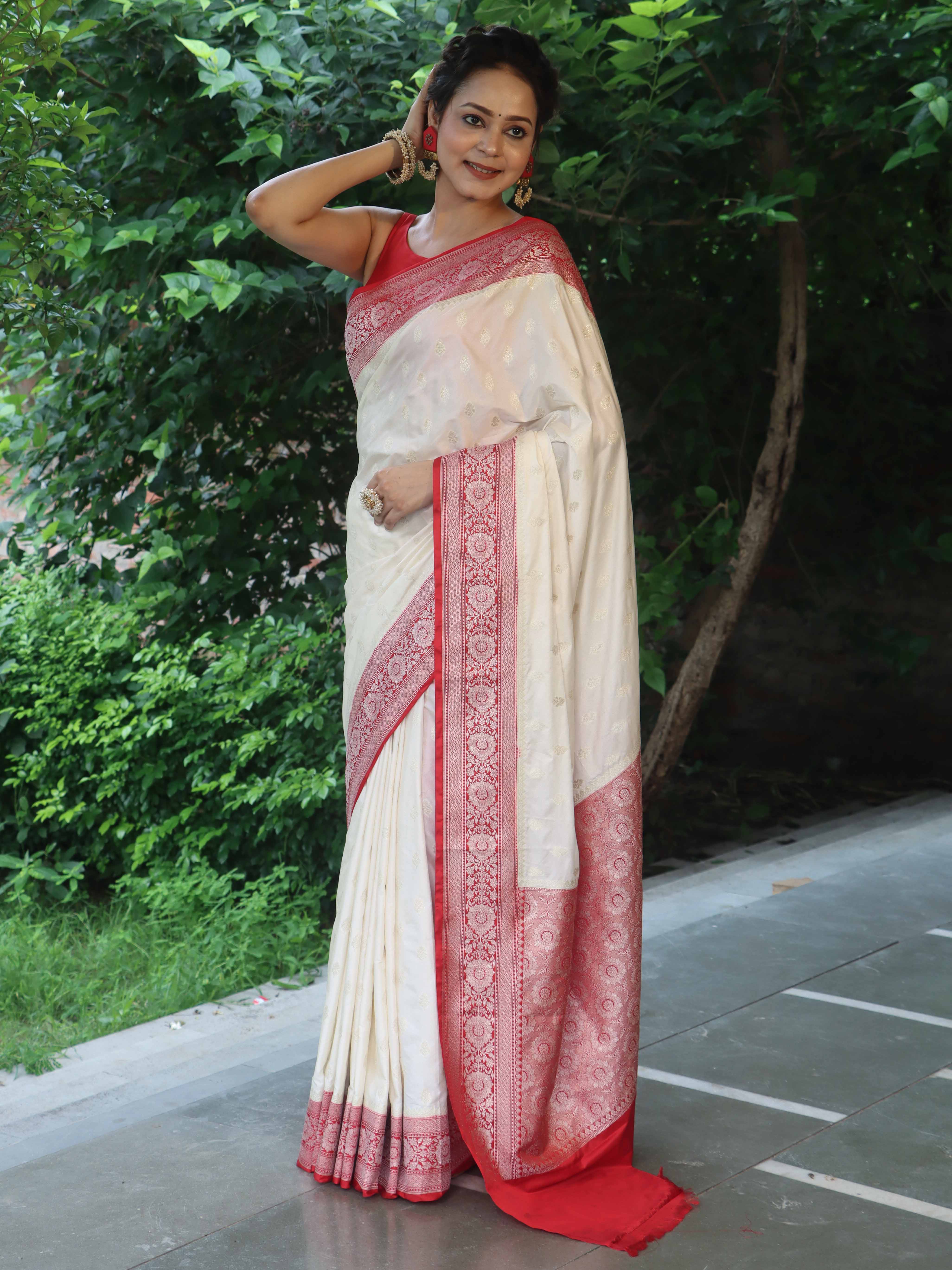 Banarasee Handloom Pure Chiniya Silk Saree With Zari Buti Work & Contrast Border-White & Red