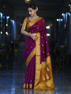 Banarasee Semi Chiffon Saree With Zari Buti Design & Contrast Border-Wine & Mustard Yellow