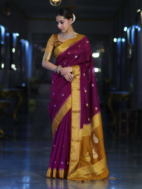 Banarasee Semi Chiffon Saree With Zari Buti Design & Contrast Border-Wine & Mustard Yellow