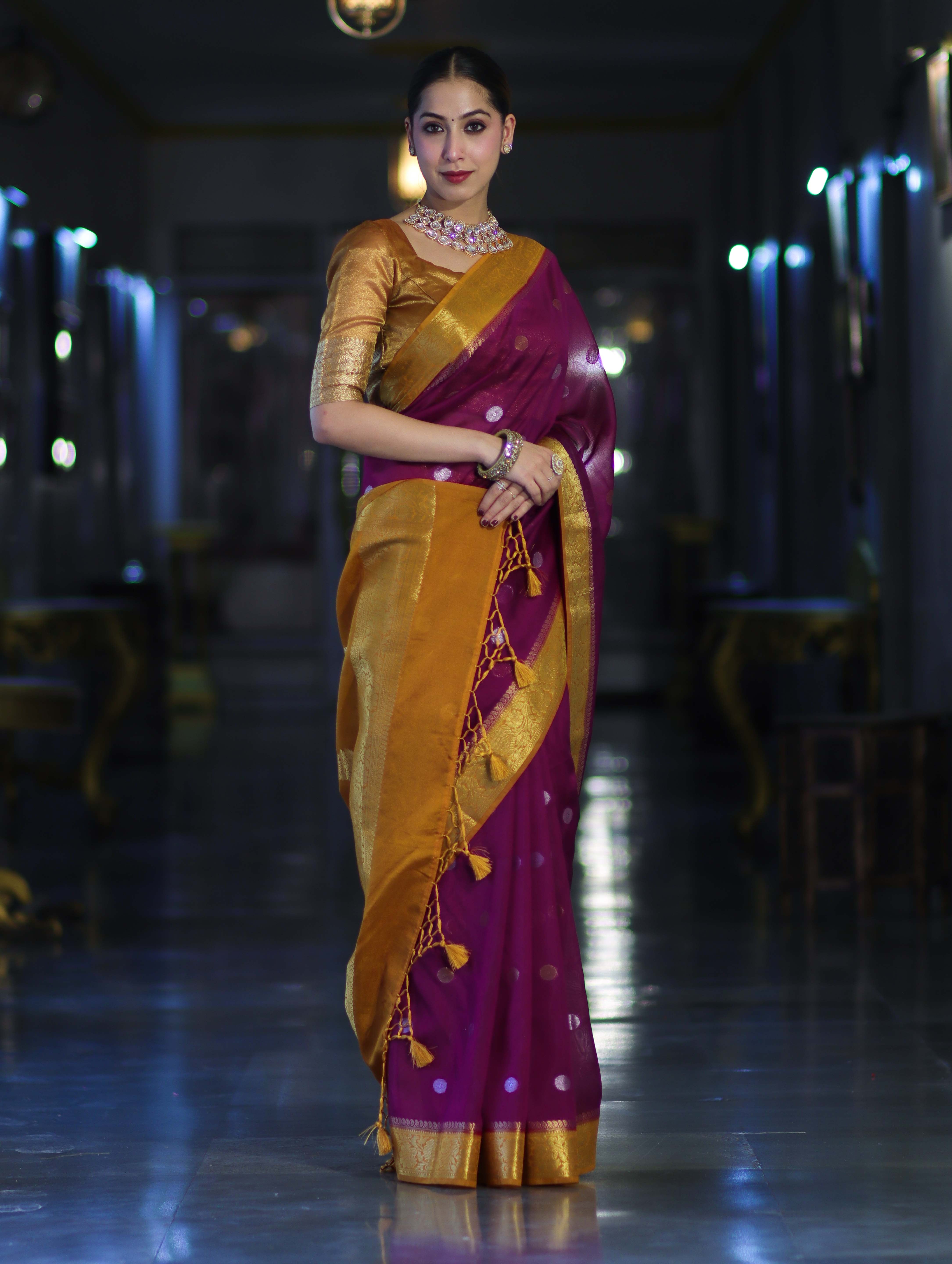 Banarasee Semi Chiffon Saree With Zari Buti Design & Contrast Border-Wine & Mustard Yellow