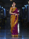 Banarasee Semi Chiffon Saree With Zari Buti Design & Contrast Border-Wine & Mustard Yellow