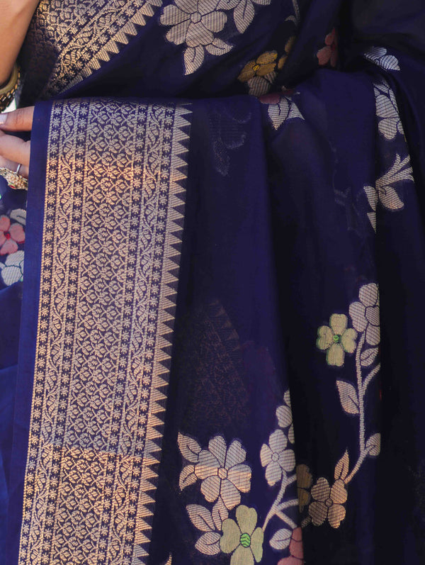 Banarasee Semi Chiffon Saree With Floral Zari Work & Border-Blue
