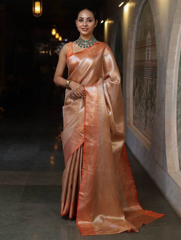 Banarasee Handwoven Tissue Saree With Zari Woven Design & Broad Border-Rust