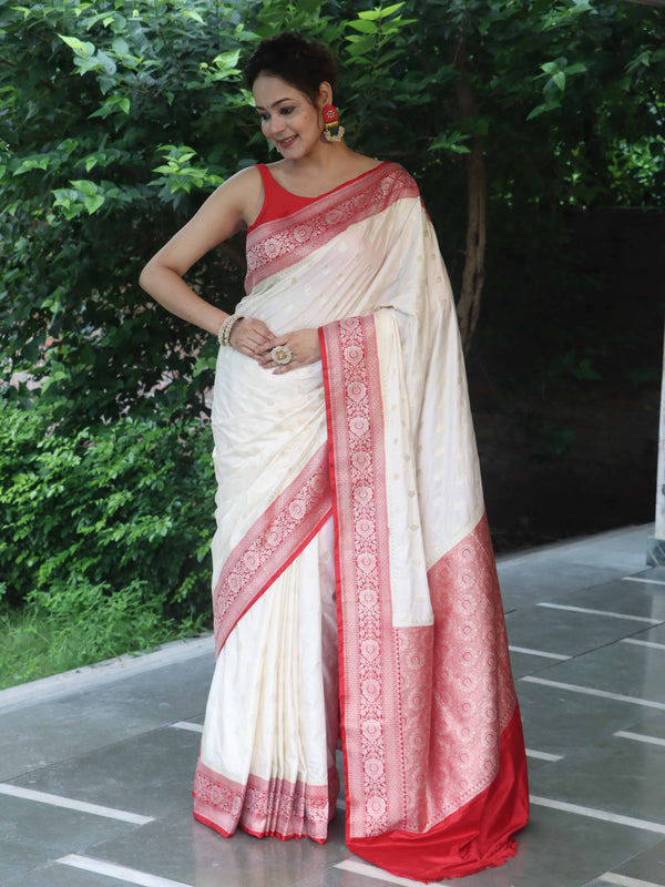 Banarasee Handloom Pure Chiniya Silk Saree With Zari Buti Work & Contrast Border-White & Red