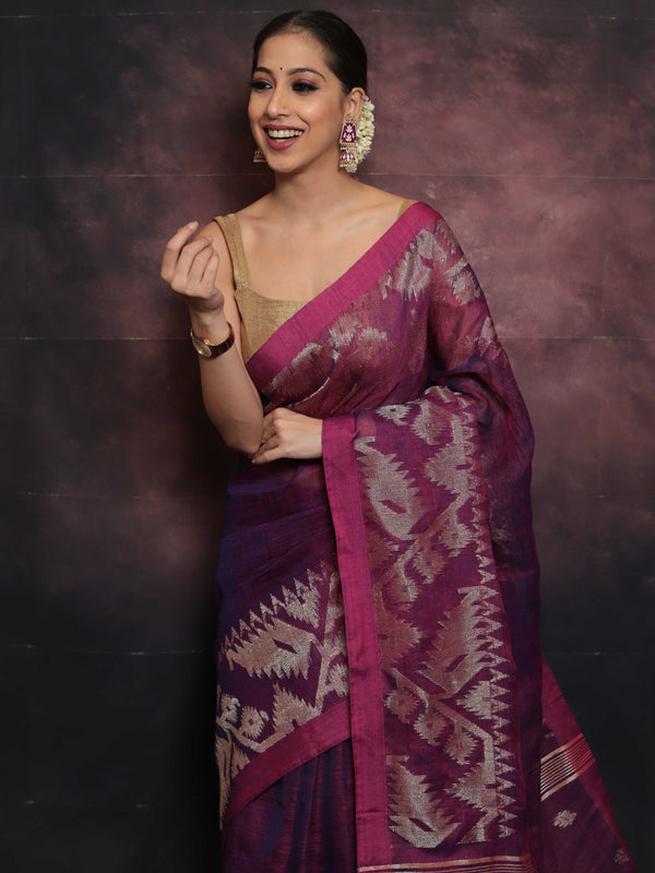 Handwoven Pure Linen Saree With Jamdani Weaving-Magenta