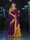 Banarasee Semi Chiffon Saree With Zari Buti Design & Contrast Border-Wine & Mustard Yellow