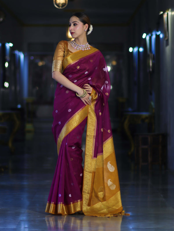 Banarasee Semi Chiffon Saree With Zari Buti Design & Contrast Border-Wine & Mustard Yellow