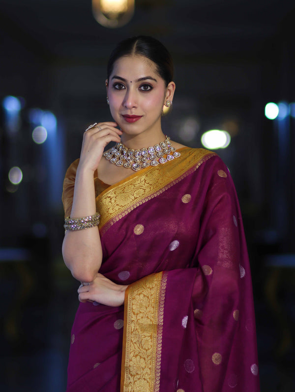 Banarasee Semi Chiffon Saree With Zari Buti Design & Contrast Border-Wine & Mustard Yellow