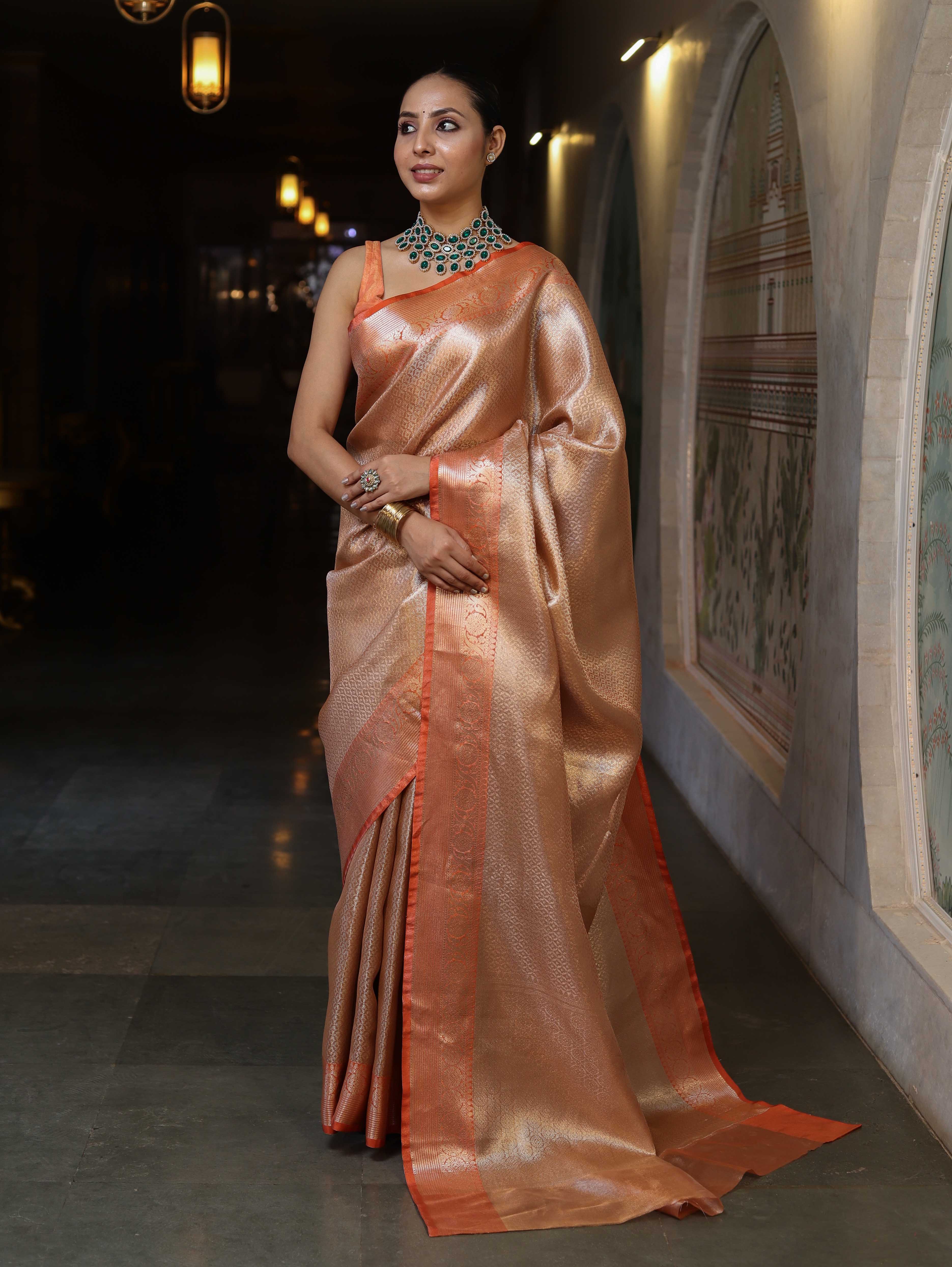 Banarasee Handwoven Tissue Saree With Zari Woven Design & Broad Border-Rust