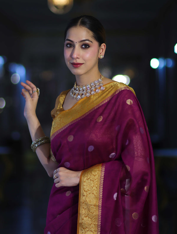 Banarasee Semi Chiffon Saree With Zari Buti Design & Contrast Border-Wine & Mustard Yellow