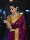 Banarasee Semi Chiffon Saree With Zari Buti Design & Contrast Border-Wine & Mustard Yellow