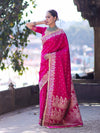 Banarasee Handloom Mashru Silk Saree With Buti Design Floral Zari Border & Lace-Fuchsia Pink