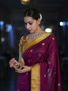 Banarasee Semi Chiffon Saree With Zari Buti Design & Contrast Border-Wine & Mustard Yellow