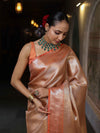Banarasee Handwoven Tissue Saree With Zari Woven Design & Broad Border-Rust