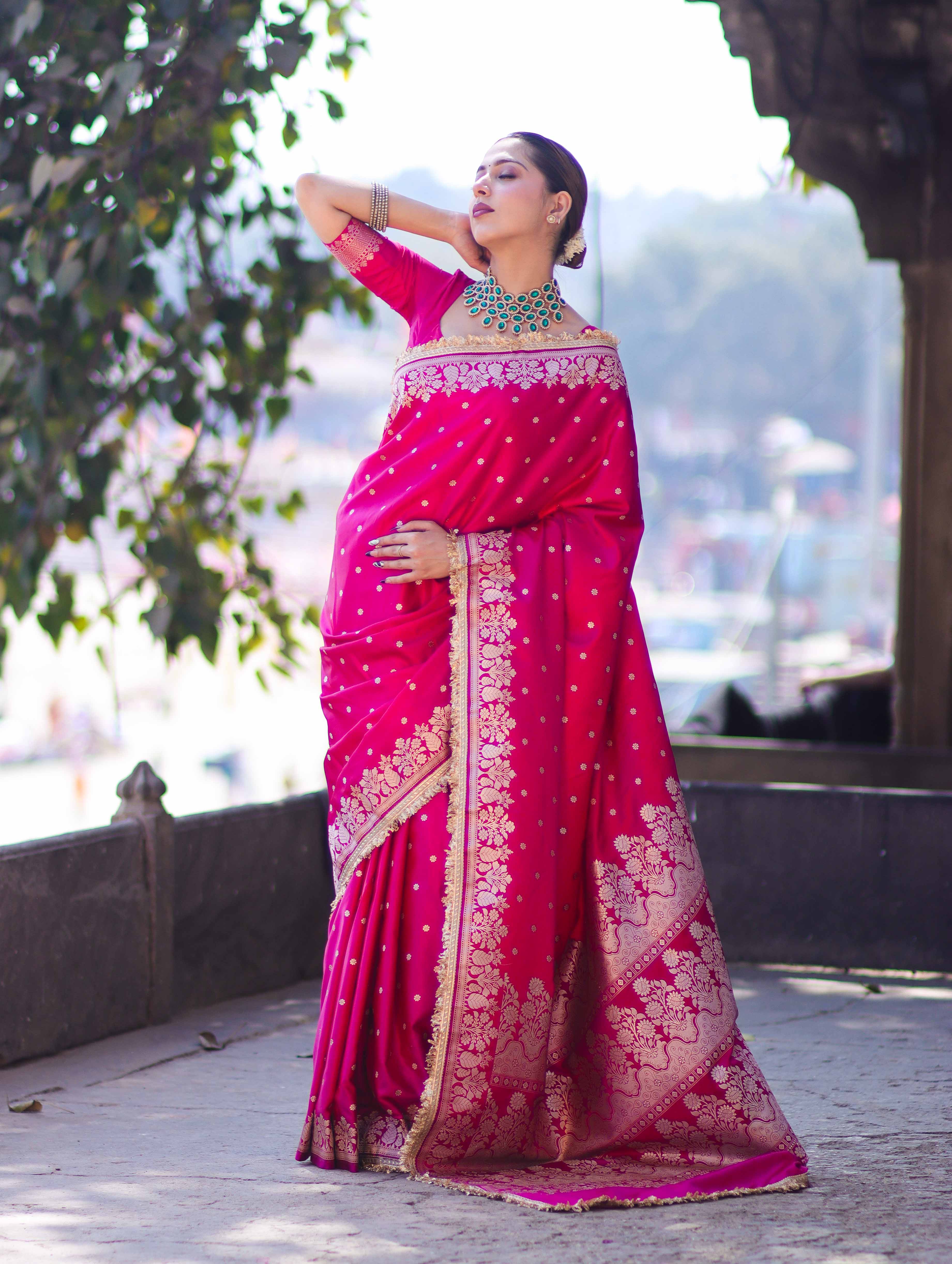 Banarasee Handloom Mashru Silk Saree With Buti Design Floral Zari Border & Lace-Fuchsia Pink