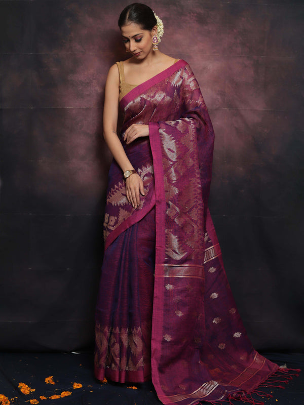 Handwoven Pure Linen Saree With Jamdani Weaving-Magenta