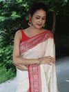 Banarasee Handloom Pure Chiniya Silk Saree With Zari Buti Work & Contrast Border-White & Red
