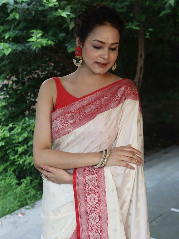 Banarasee Handloom Pure Chiniya Silk Saree With Zari Buti Work & Contrast Border-White & Red