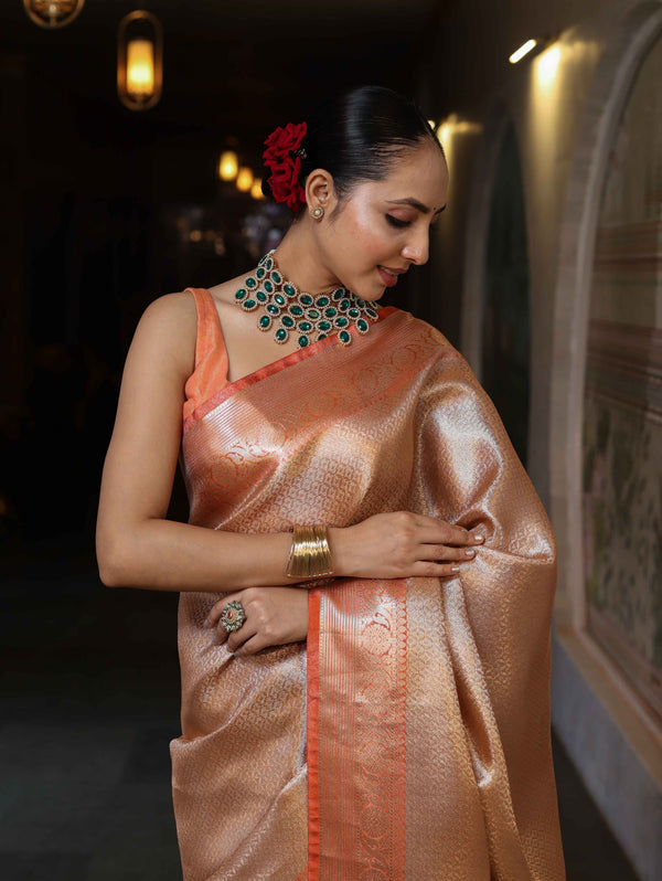 Banarasee Handwoven Tissue Saree With Zari Woven Design & Broad Border-Rust