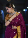 Banarasee Semi Chiffon Saree With Zari Buti Design & Contrast Border-Wine & Mustard Yellow