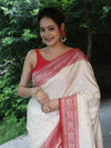 Banarasee Handloom Pure Chiniya Silk Saree With Zari Buti Work & Contrast Border-White & Red
