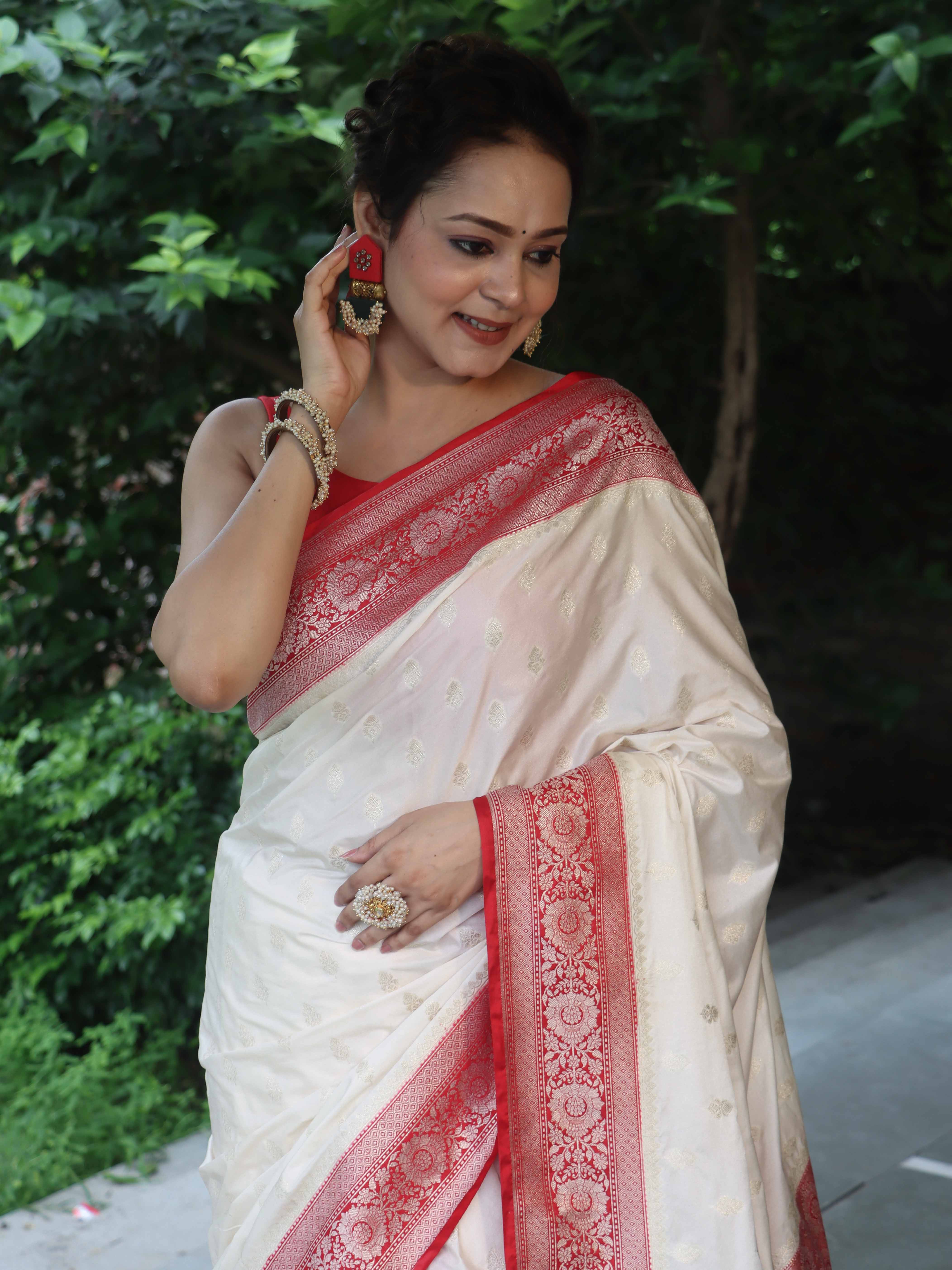Banarasee Handloom Pure Chiniya Silk Saree With Zari Buti Work & Contrast Border-White & Red
