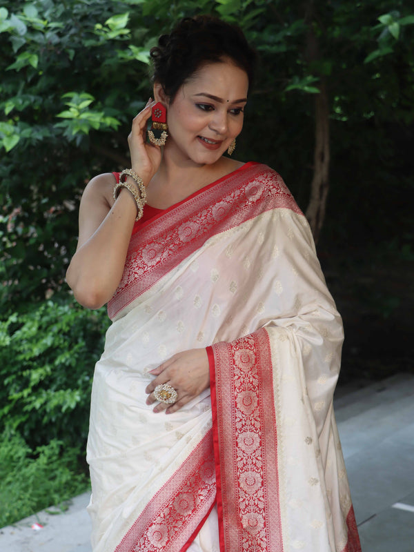 Banarasee Handloom Pure Chiniya Silk Saree With Zari Buti Work & Contrast Border-White & Red