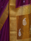 Banarasee Semi Chiffon Saree With Zari Buti Design & Contrast Border-Wine & Mustard Yellow