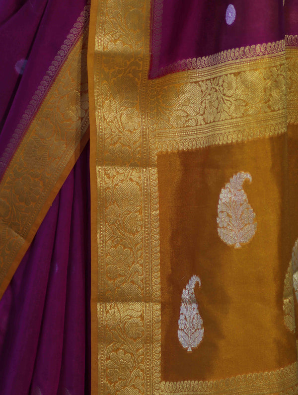 Banarasee Semi Chiffon Saree With Zari Buti Design & Contrast Border-Wine & Mustard Yellow